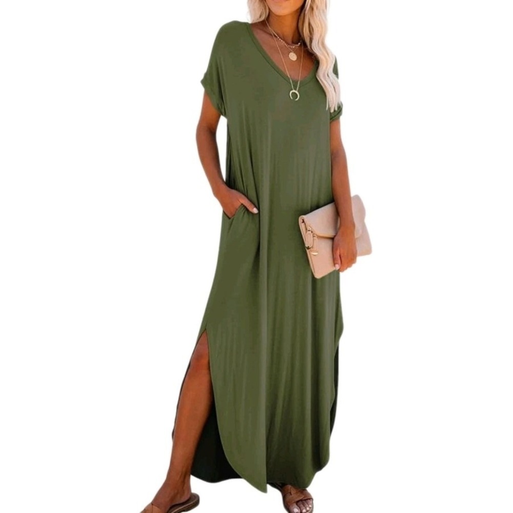 Small, Short Sleeve Long T Shirt Dress Split Maxi Dress with Pockets, Green